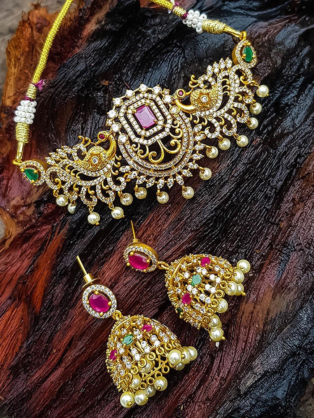 

GRIIHAM Gold-Plated CZ Studded & Beaded Necklace and Earrings