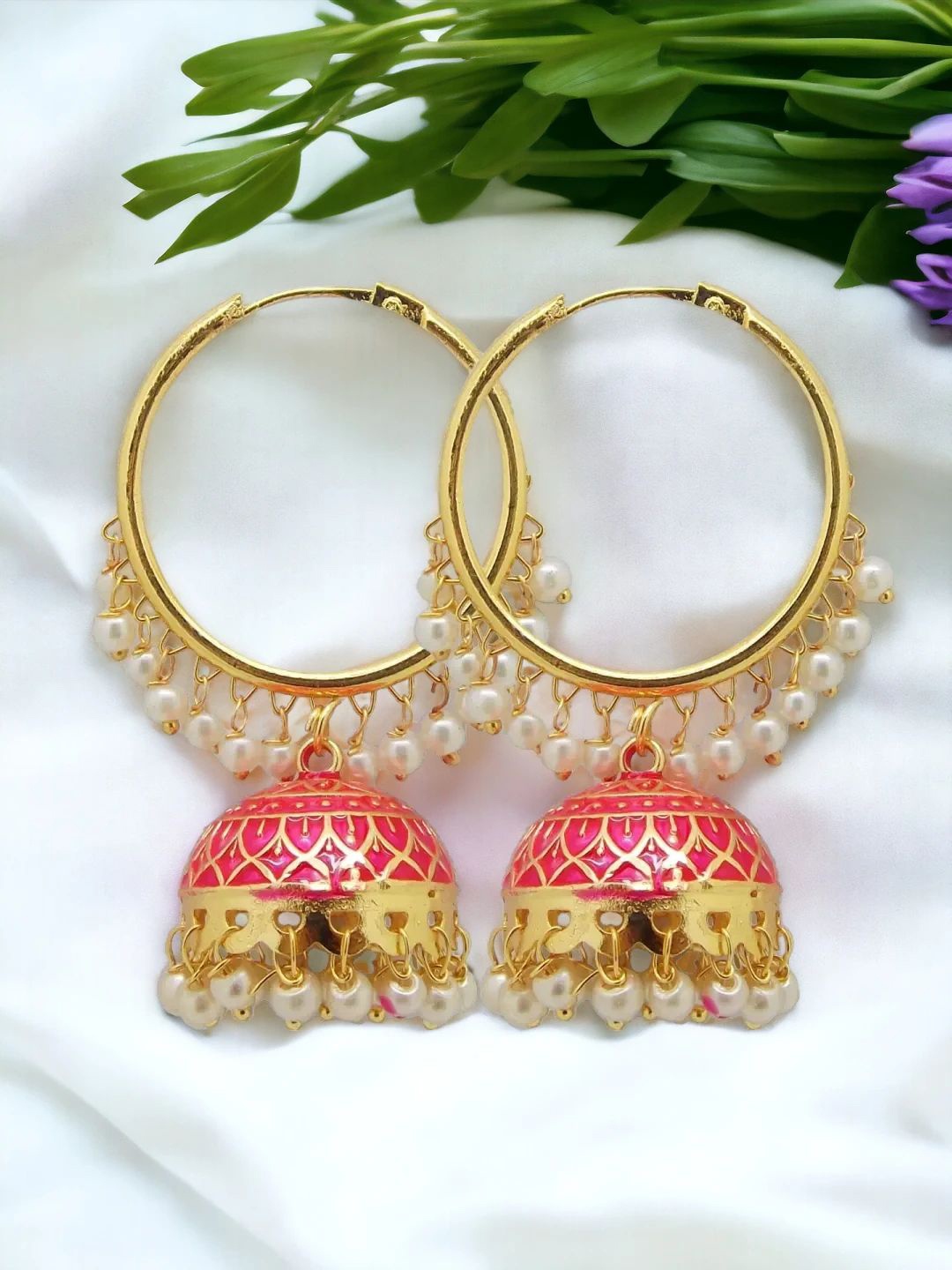 

9blings Gold Plated Beaded Dome Shaped Meenakari Jhumkas