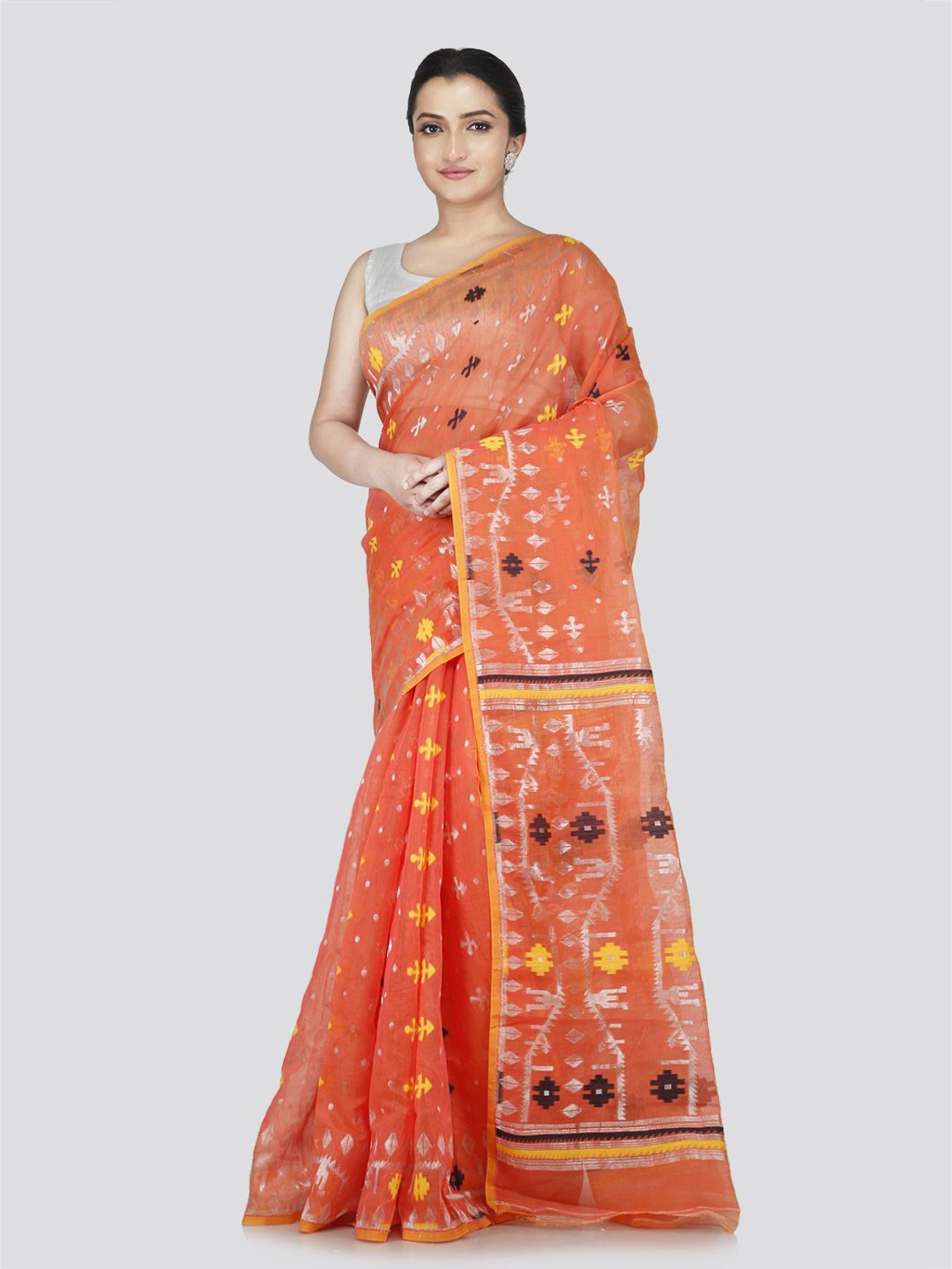 

PinkLoom Woven Design Pure Cotton Jamdani Saree, Orange