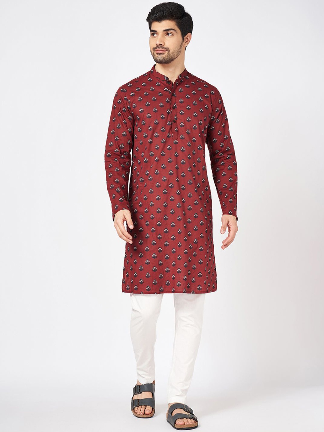 

indus route by Pantaloons Floral Printed Mandarin Collar Straight Kurta, Brown