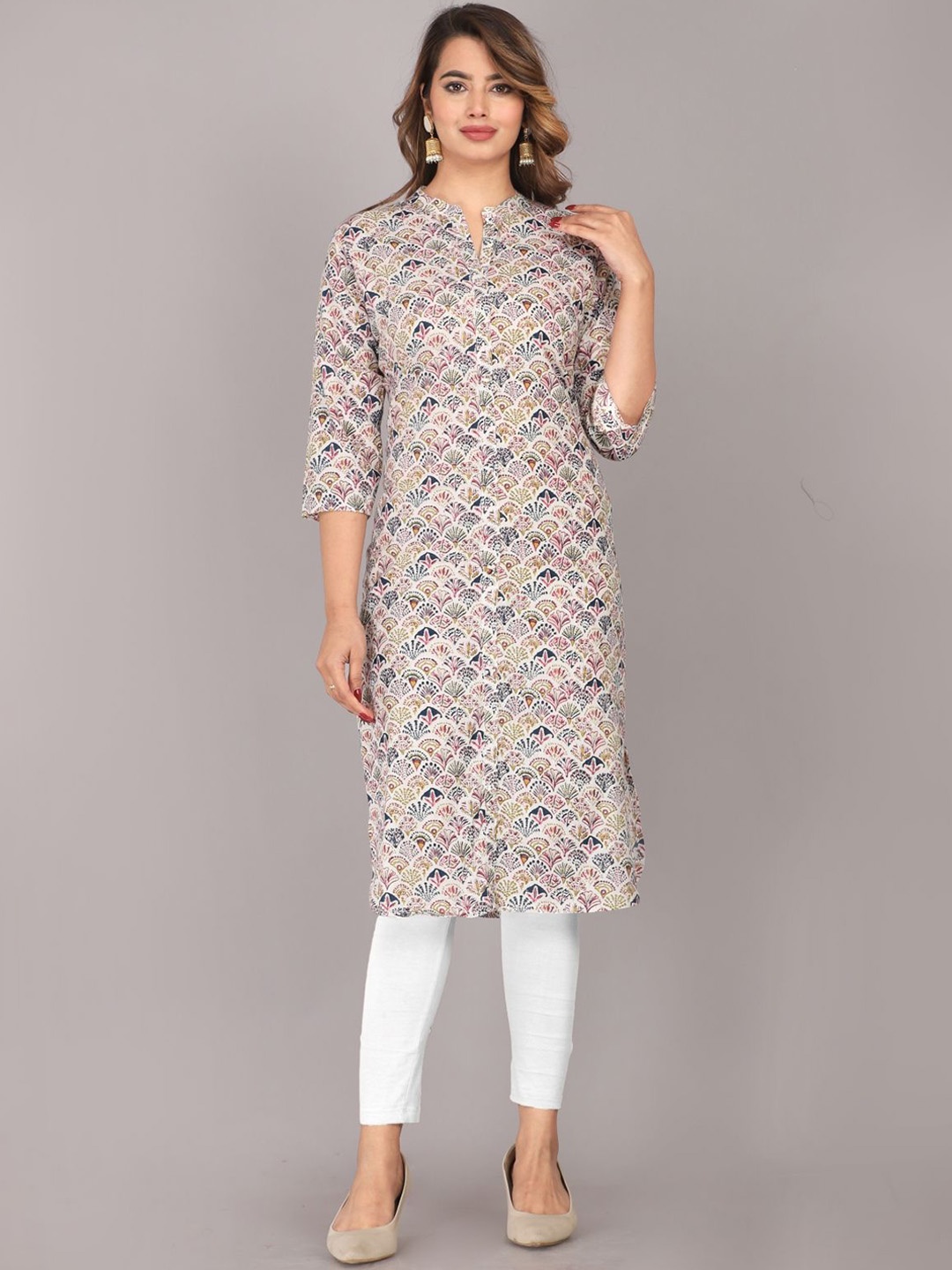 

Mehsoos Floral Printed Mandarin Collar Cotton Straight Kurta, Off white