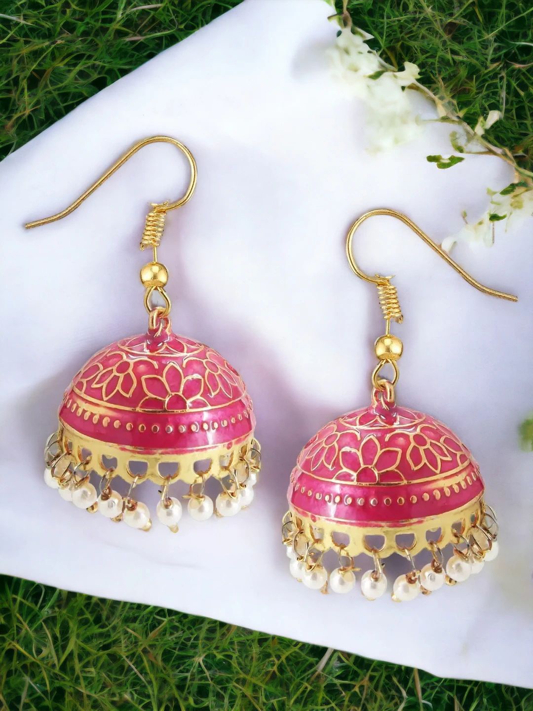 

9blings Gold Plated Beaded Dome Shaped Meenakari Jhumkas
