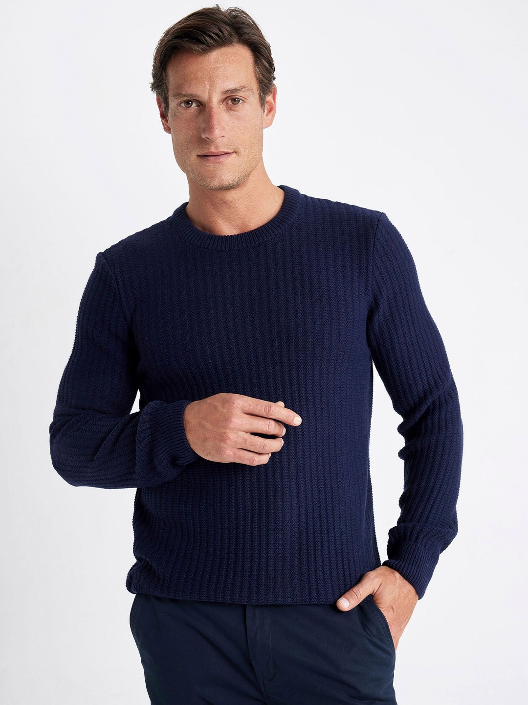 

DeFacto Men Ribbed Pullover, Navy blue