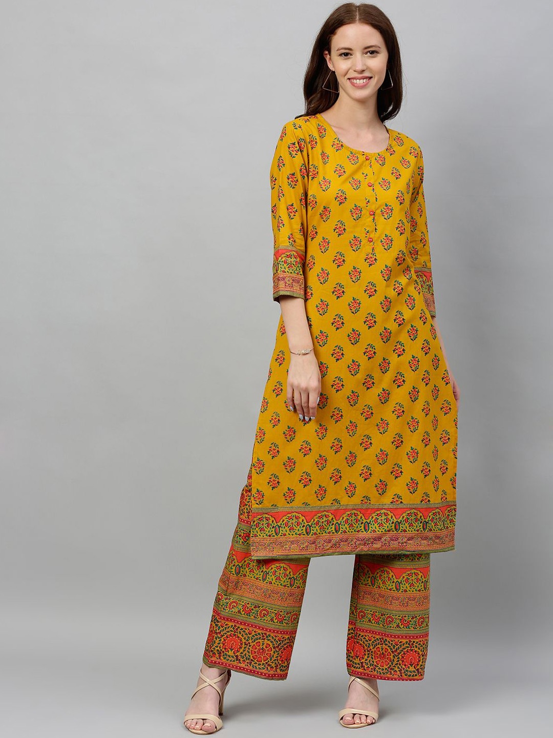

CHIRAAI Floral Printed Straight Kurta with Palazzo, Mustard