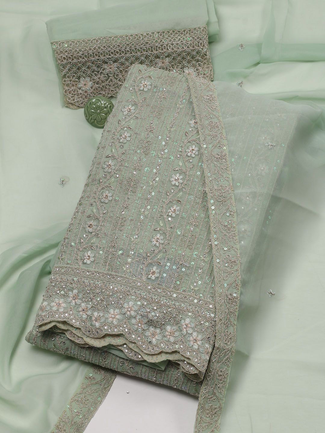 

Meena Bazaar Floral Embroidered Sequinned Unstitched Dress Material, Green