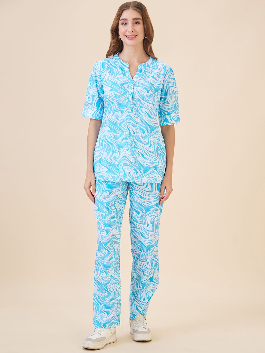 

AV2 Printed Mandarin Collar Pure Cotton Tunic With Trouser, Blue