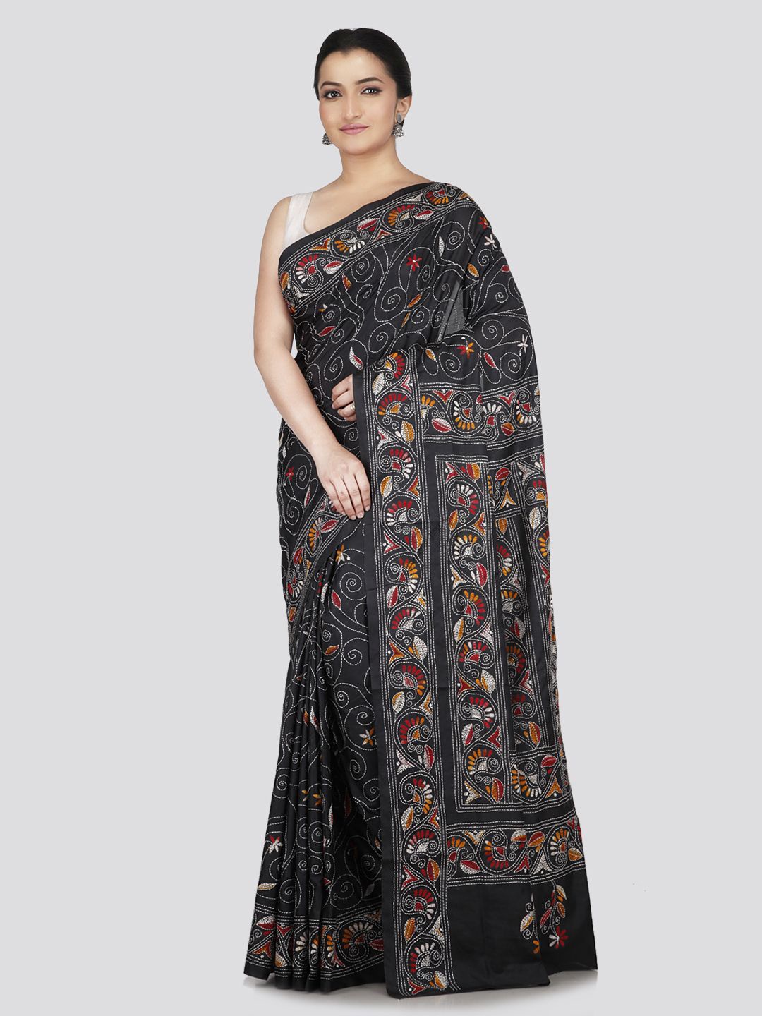 

PinkLoom Floral Kantha Work Pure Silk Saree, Black