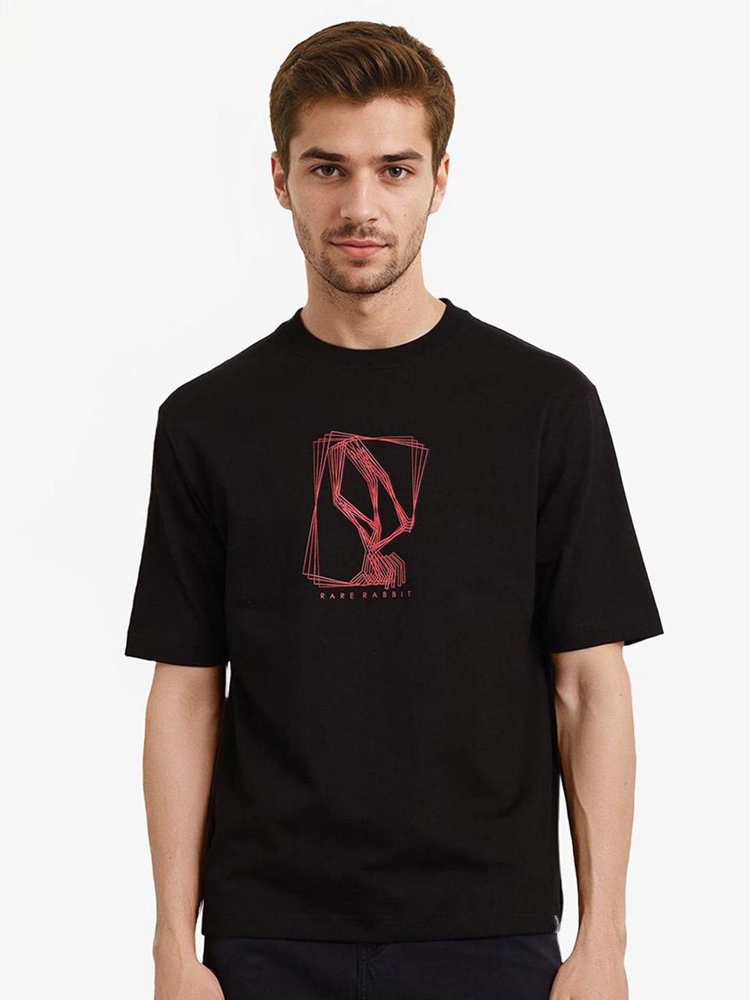 

RARE RABBIT Men Printed Applique T-shirt, Black