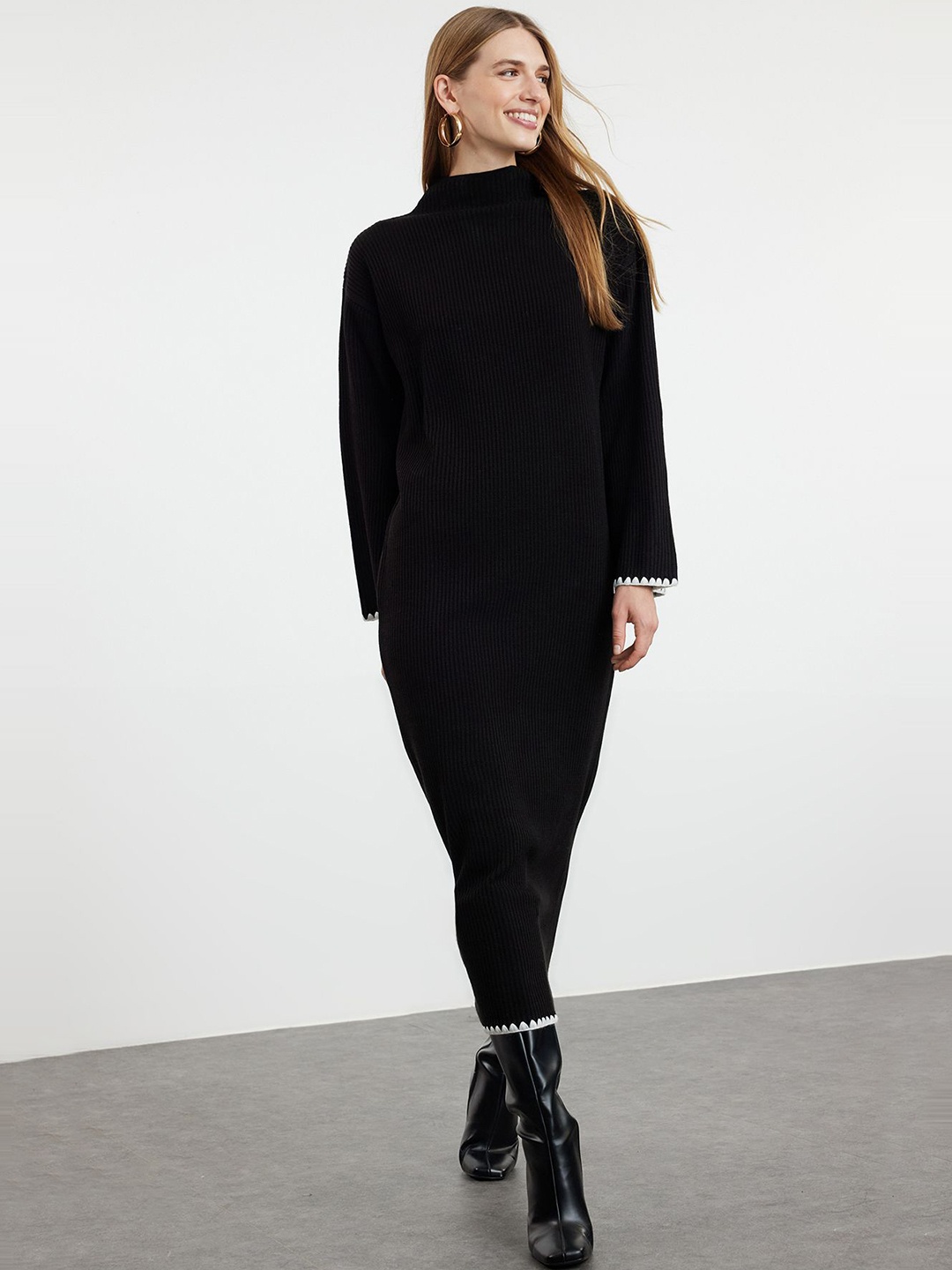 

Trendyol Solid Mock Neck A-Line Midi Dress, Black