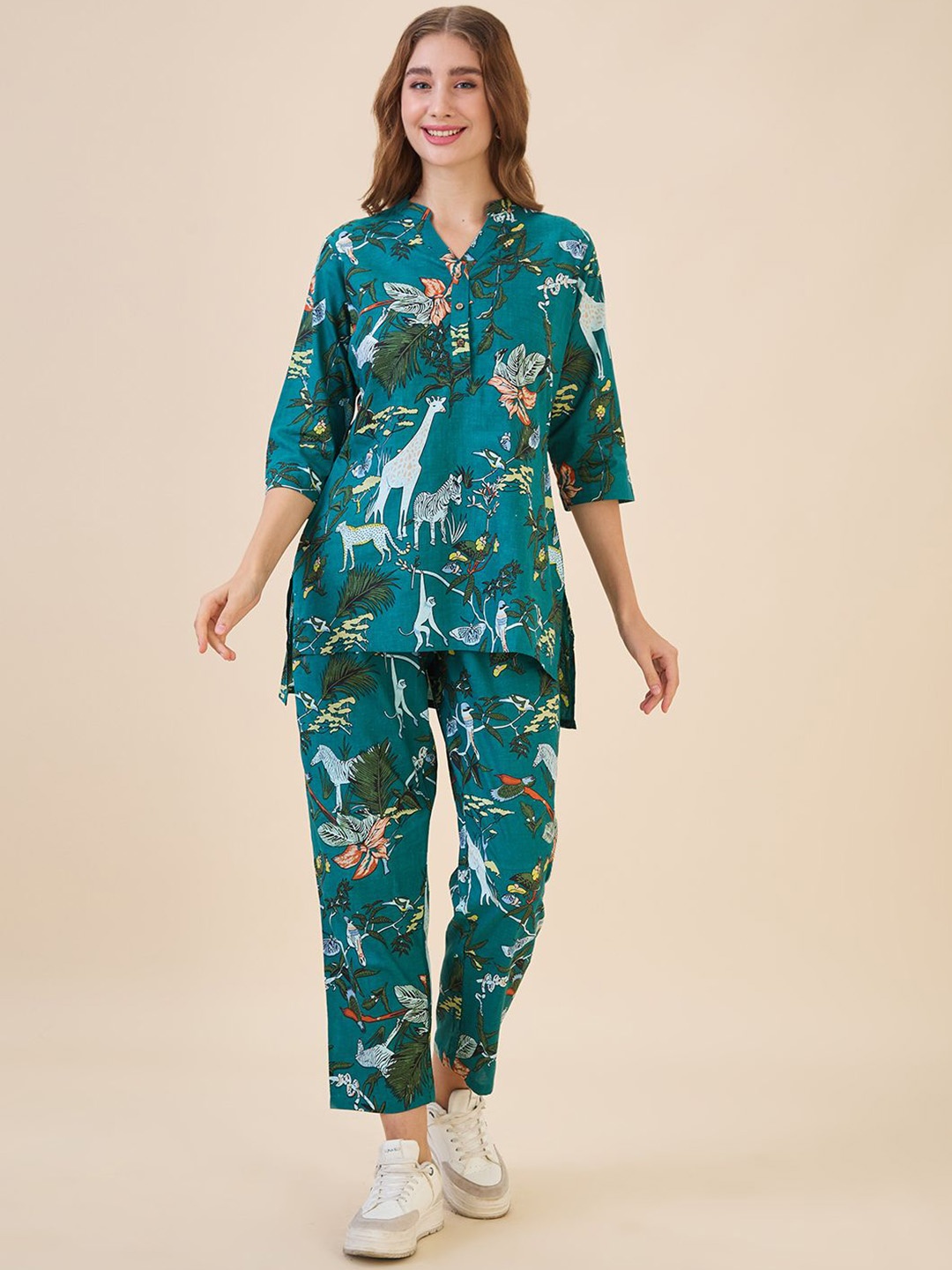 

AV2 Tropical Printed Pure Cotton Tunic & Trouser, Teal