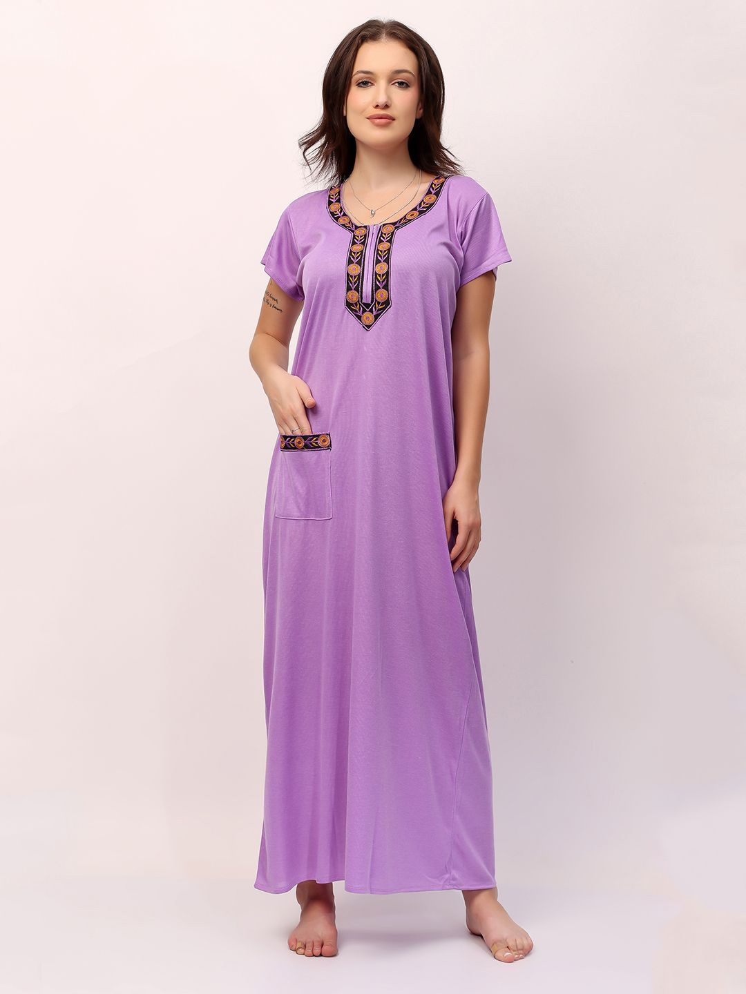 

NIGHT KEYS Embroidered Short Sleeves Maxi Nightdress, Lavender