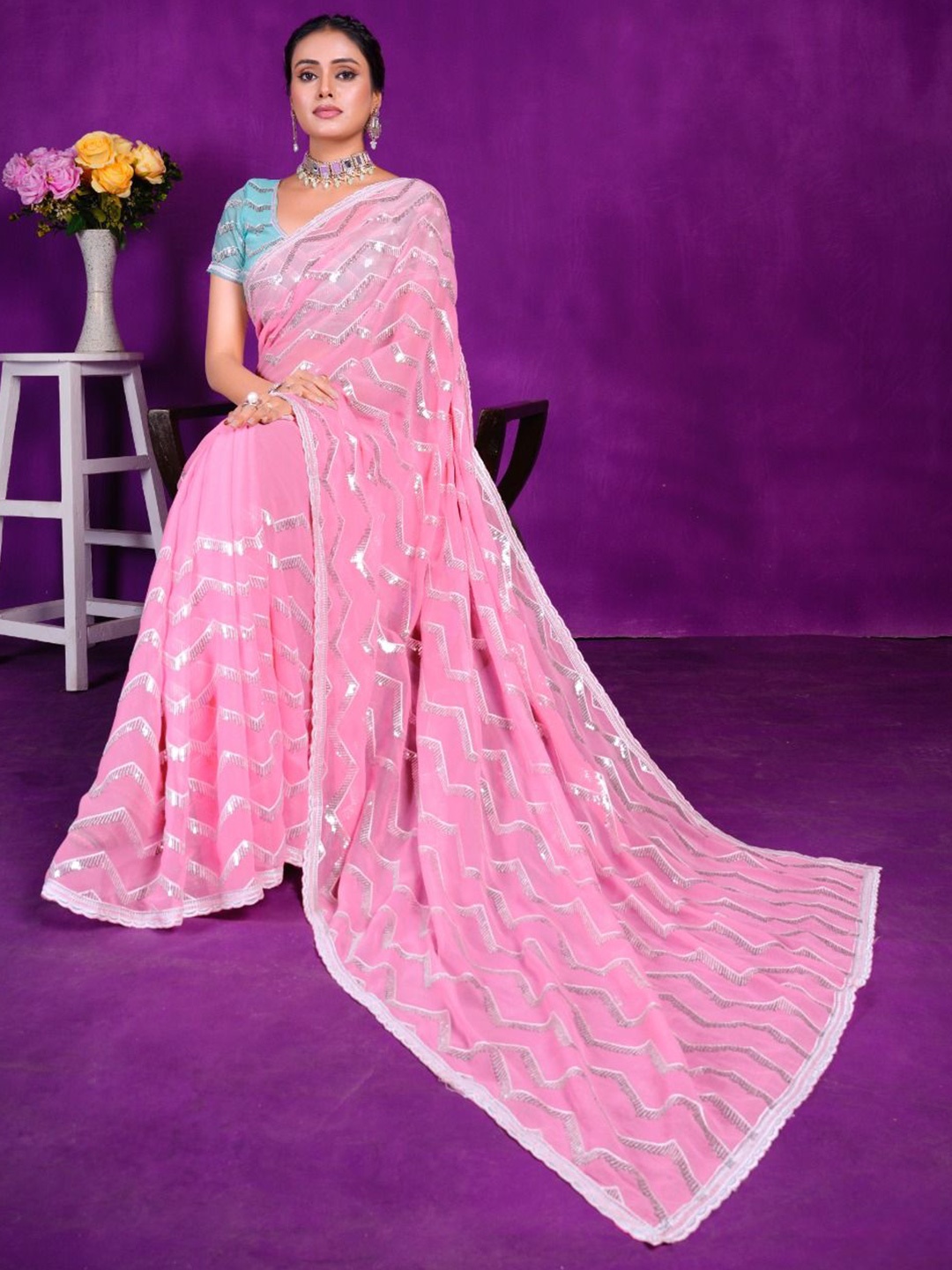 

Mitera Embellished Sequinned Pure Chiffon Saree, Pink