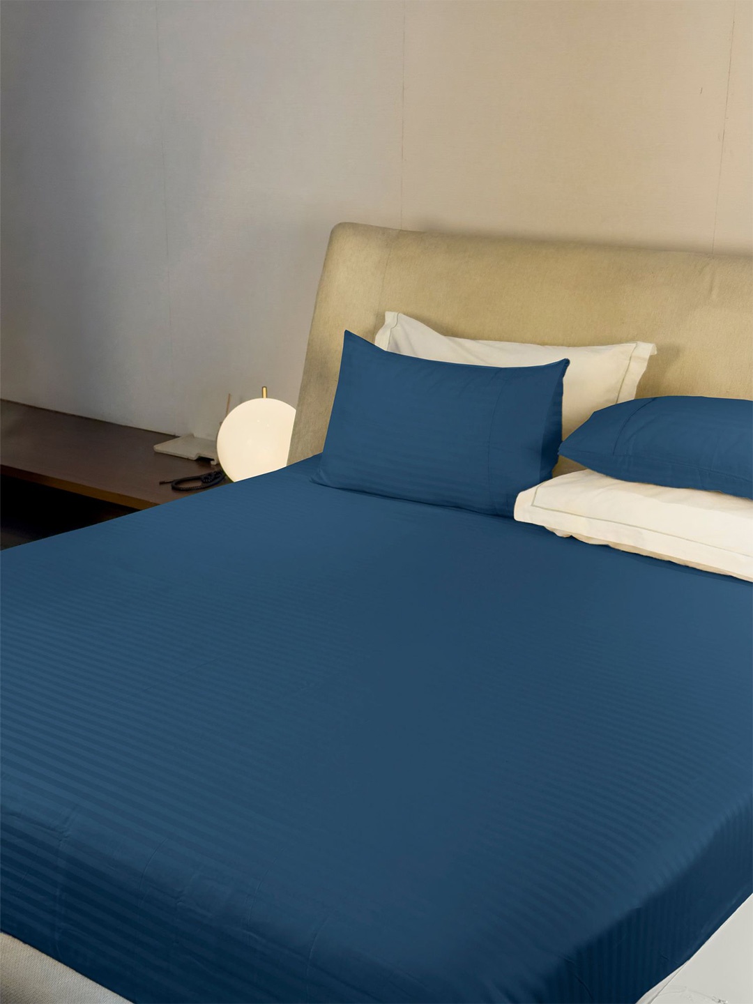 

LABHAM Simple Living Turquoise Blue Striped 210 TC Satin King Bedsheet & 2 Pillow Covers