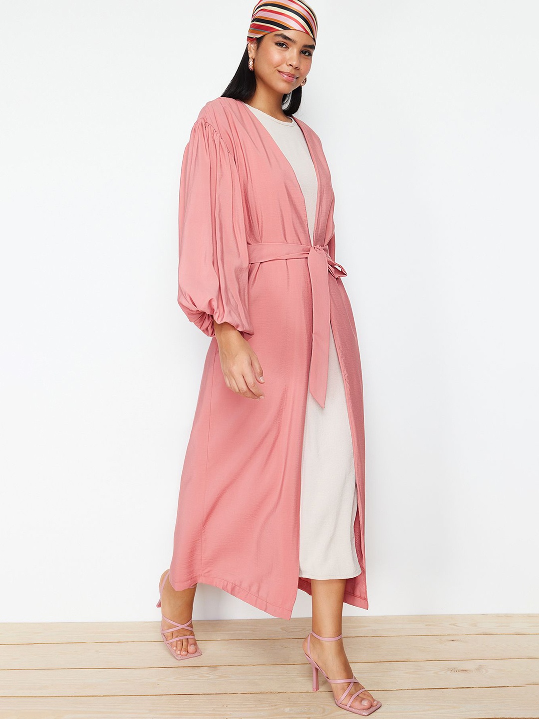 

Trendyol Lapel Collar Longline Tie-Up Shrug, Rose