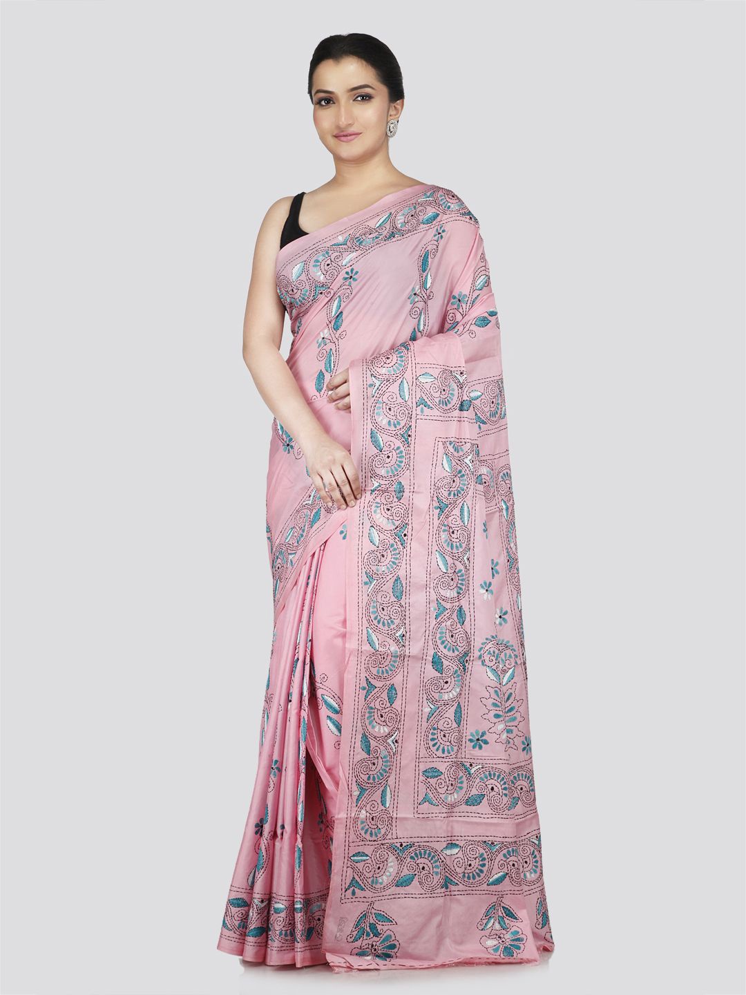 

PinkLoom Floral Kantha Work Pure Silk Saree, Pink