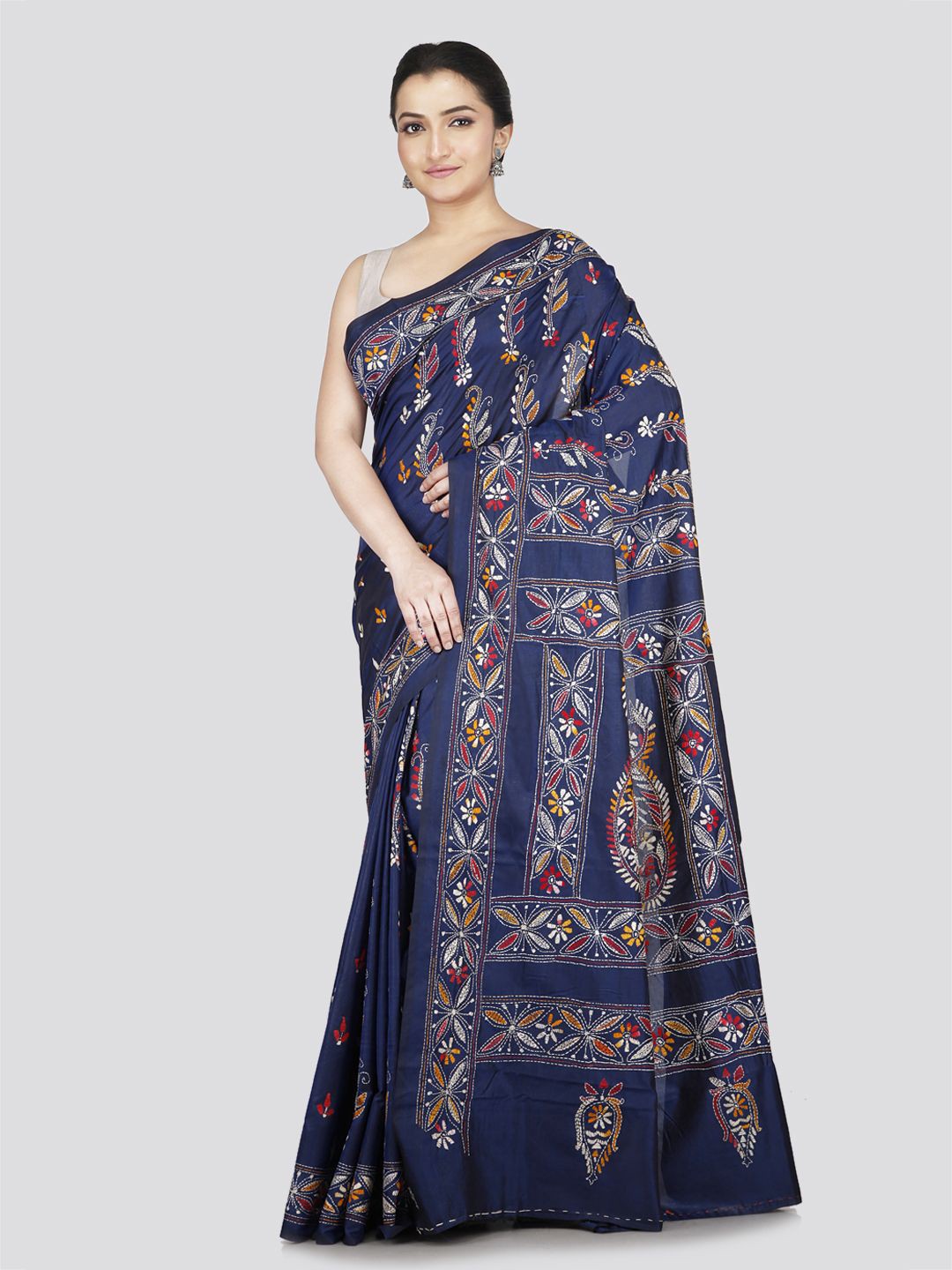 

PinkLoom Floral Kantha Work Pure Silk Saree, Blue