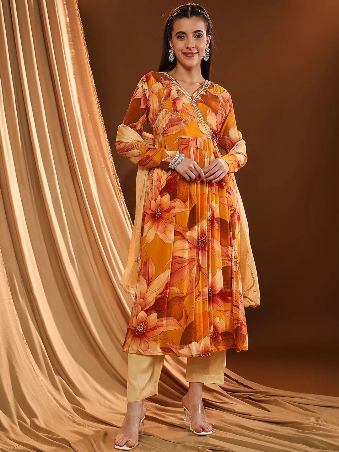

VESH Floral Printed Sequinned Pure Cotton Kurta with Trousers & Dupatta, Yellow