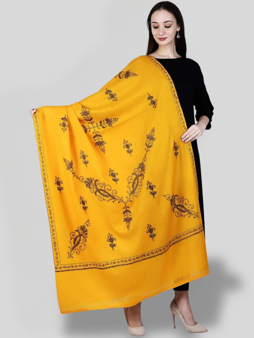 

SWI Stylish Floral Embroidered Woollen Shawl, Yellow