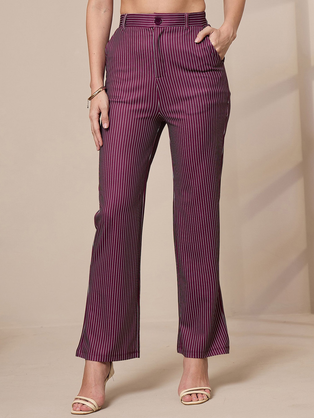 

SASSAFRAS worklyf Women Striped Urban Slim Slim Fit Trousers, Maroon