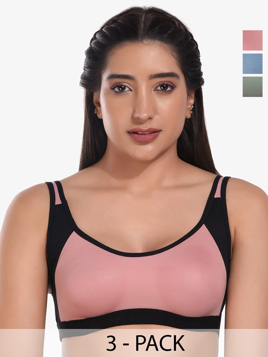 

Fabura Colourblocked Everyday Pack of 3 Full Coverage Soptrs workout Bra, Blue
