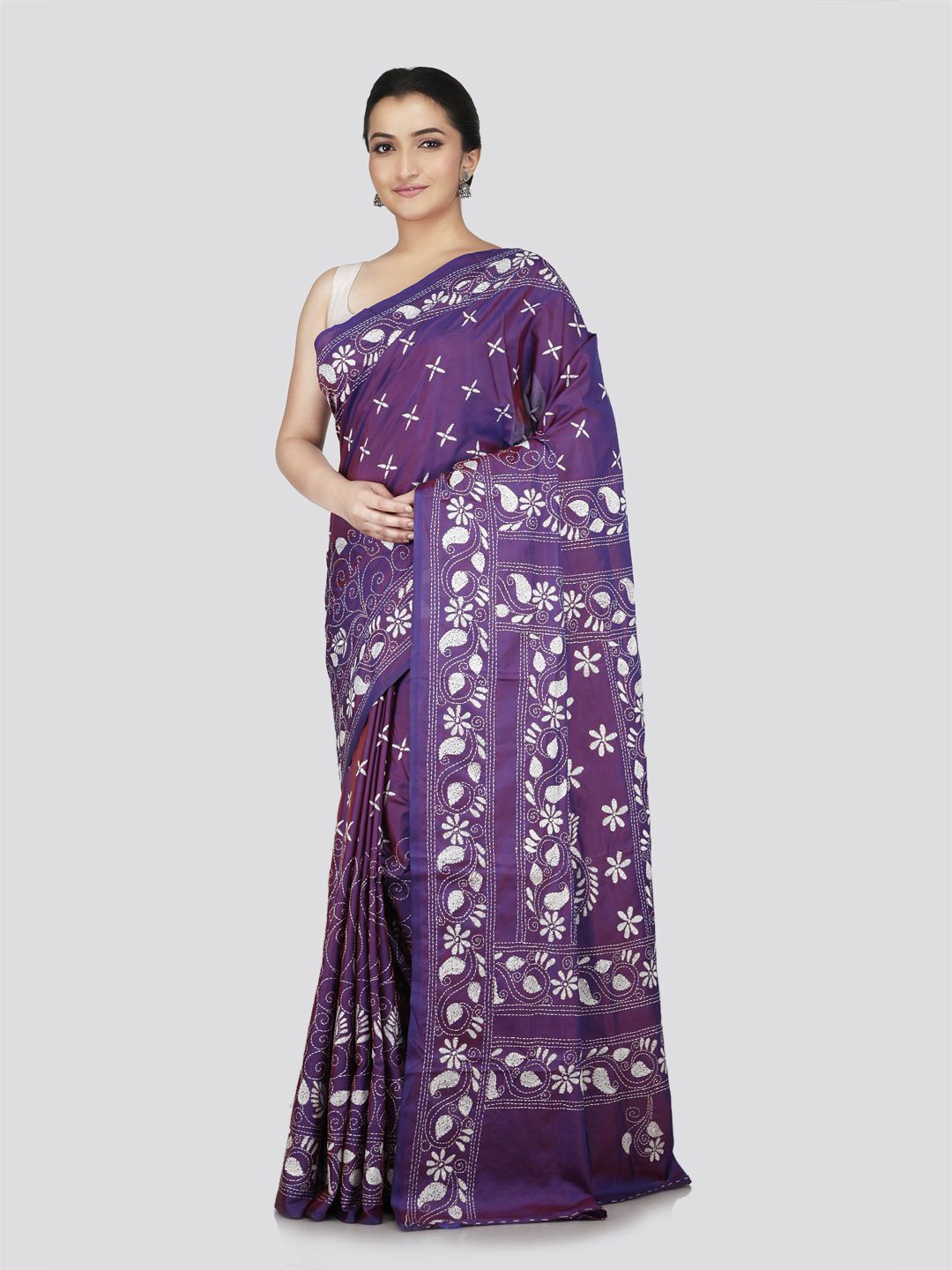 

PinkLoom Floral Kantha Work Pure Silk Saree, Purple