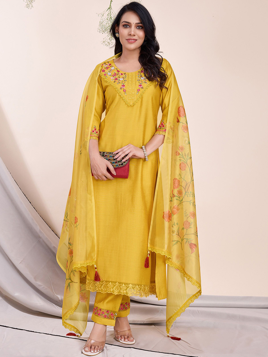 

MOJILAA Floral Embroidered Thread Work Straight Kurta With Trousers & Dupatta, Yellow