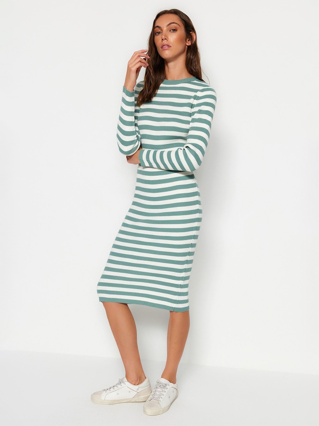 

Trendyol Striped Bodycon Midi Dress, Green