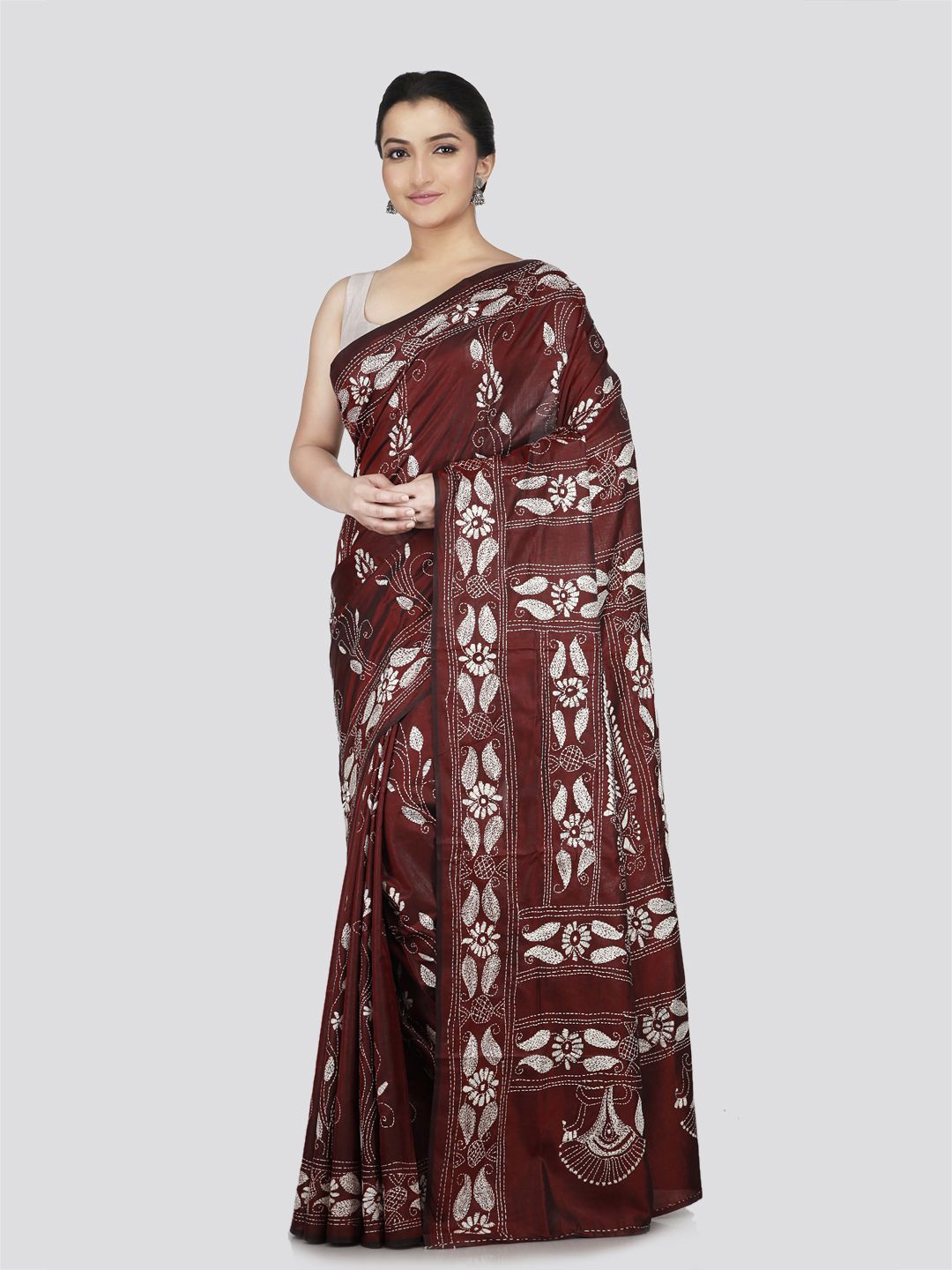 

PinkLoom Ethnic Motifs Kantha Work Pure Silk Saree, Brown