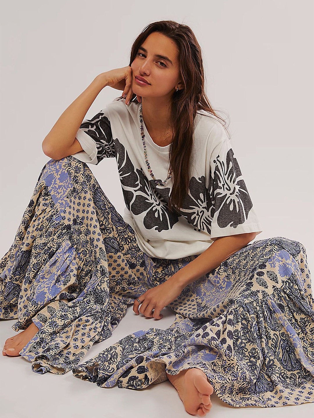 

LULU & SKY Print Kimono Sleeve Cotton Kaftan Top, Black