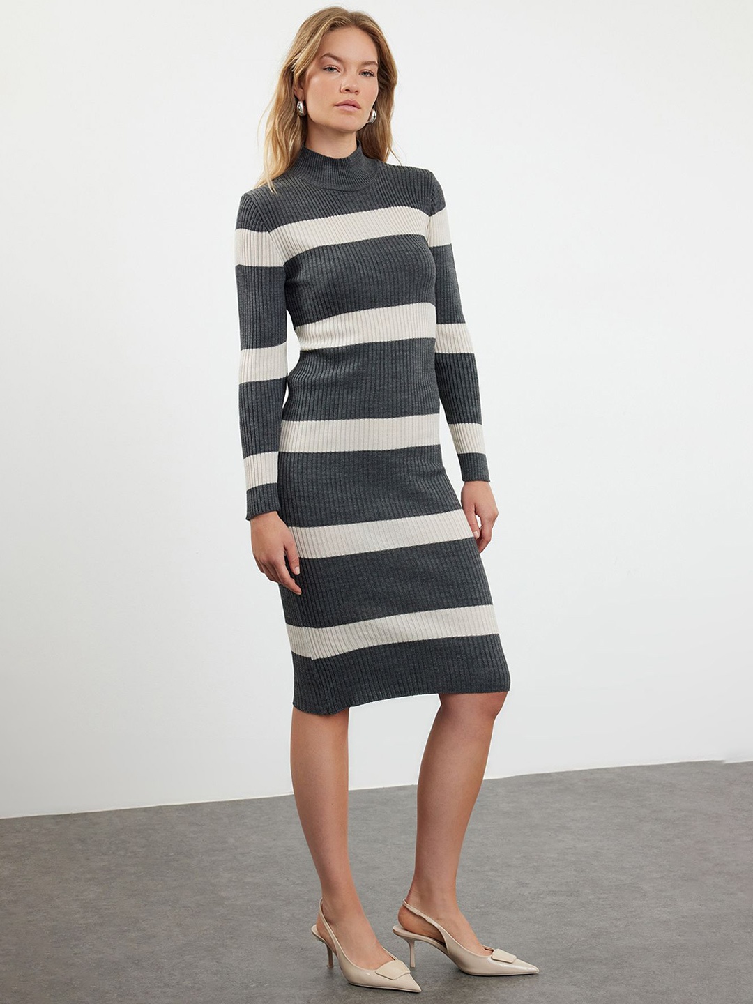 

Trendyol Striped Mock Neck Knee Length Dress, Grey