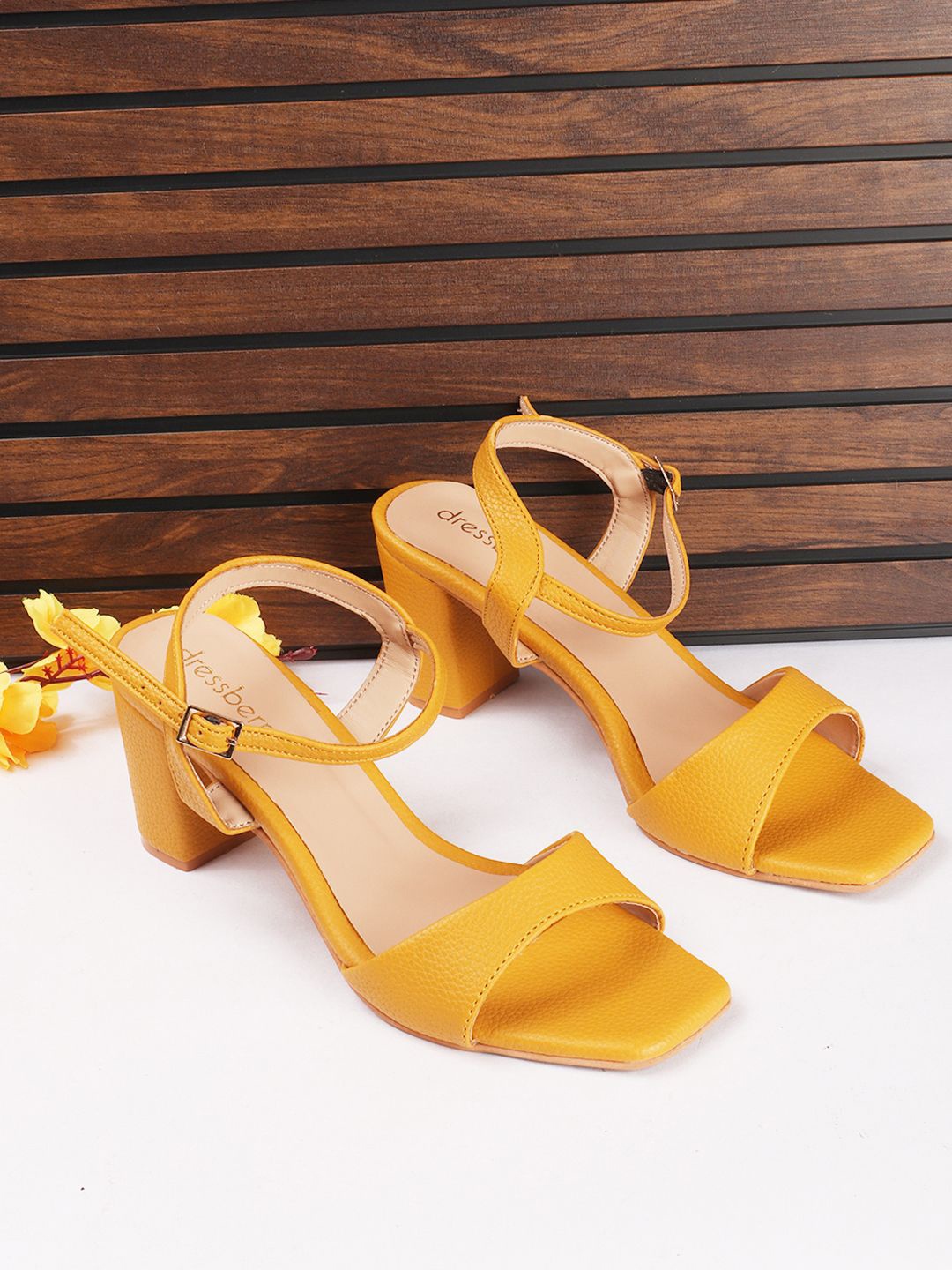 

DressBerry Textured Block Sandals with Buckles, Yellow