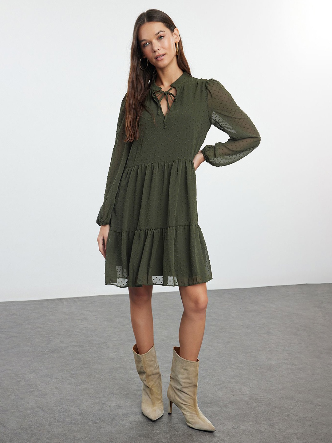 

Trendyol Tie-Up Neck Puff Sleeve Fit & Flare Dress, Green