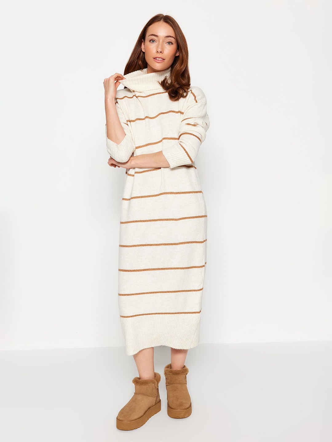 

Trendyol Striped High Neck T-shirt Midi Dress, Cream