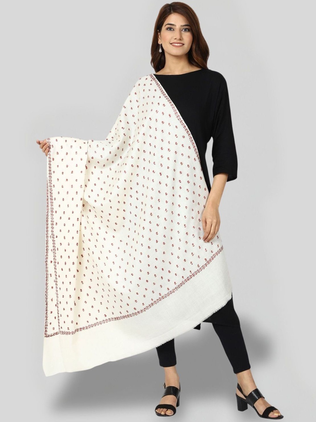 

SWI Stylish Floral Embroidered Pure Woollen Shawl, White