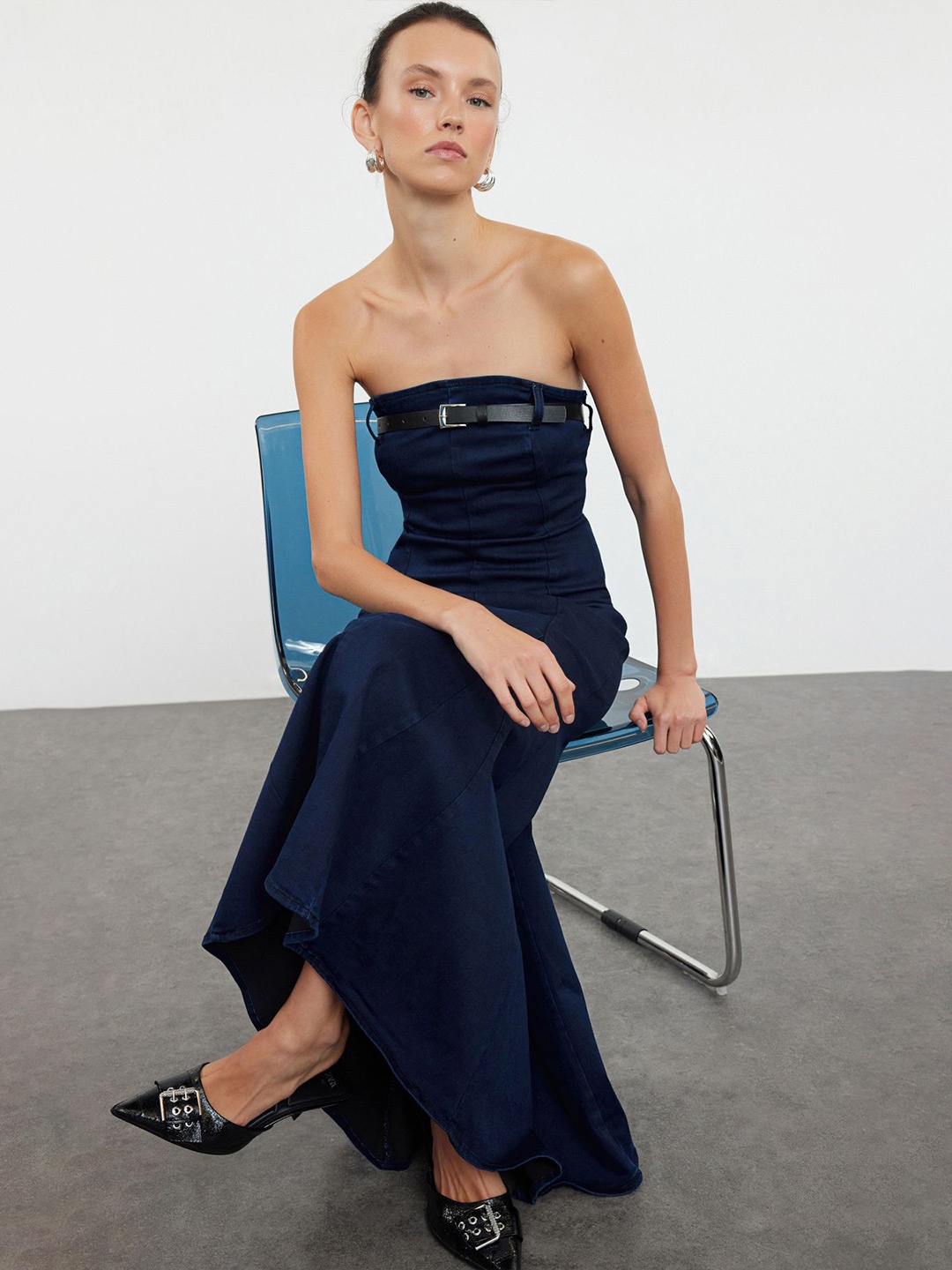 

Trendyol Strapless Maxi Dress Comes with a belt, Navy blue