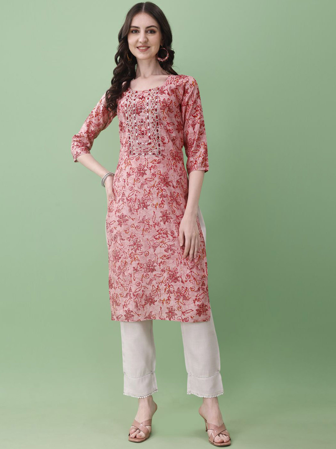 

KUNDAN FAB Floral Printed Mirror Work Cotton Straight Kurta, Pink