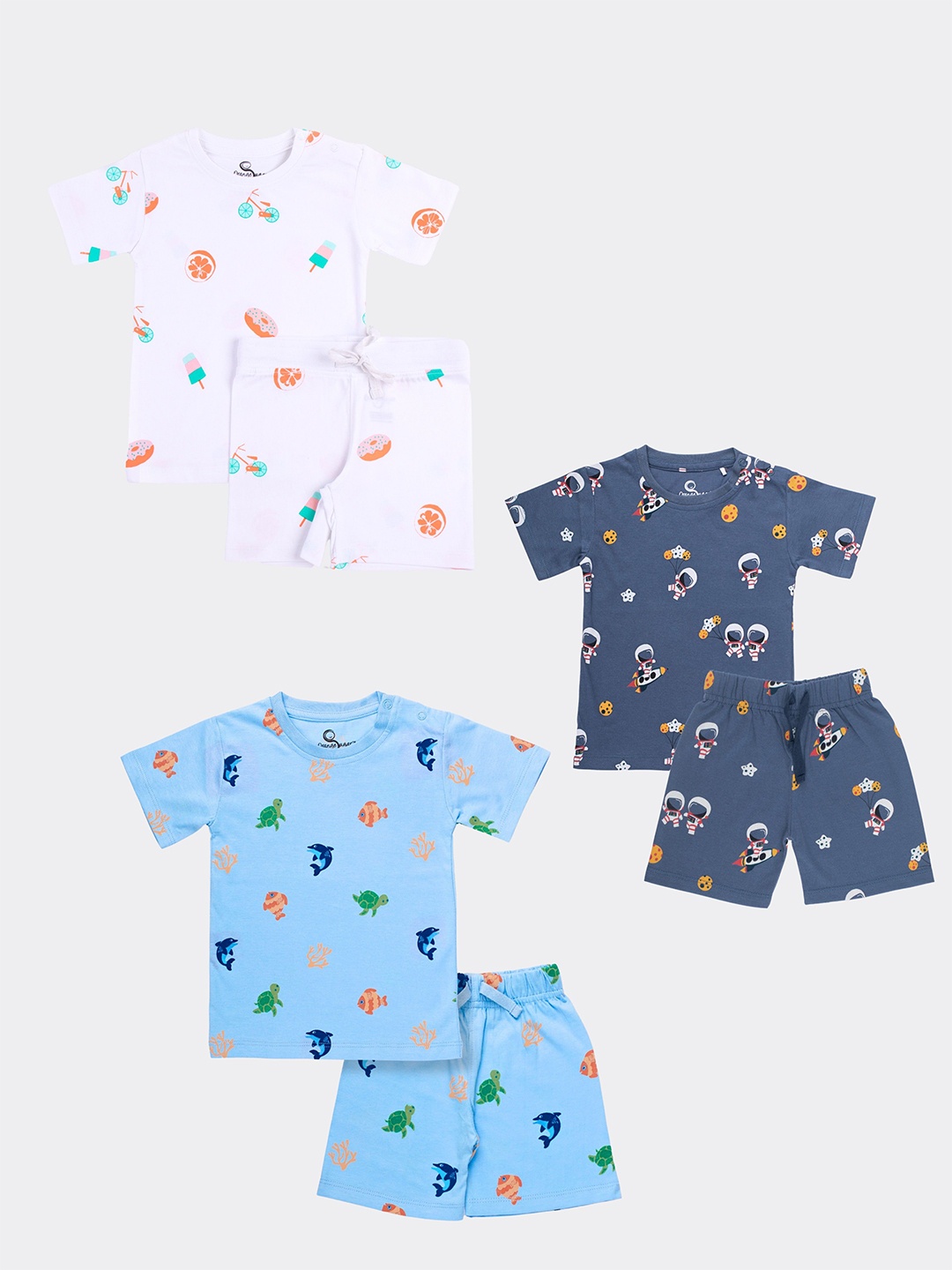

Orange Sugar Kids Pack Of 3 Printed Pure Cotton T-shirt With Shorts, White