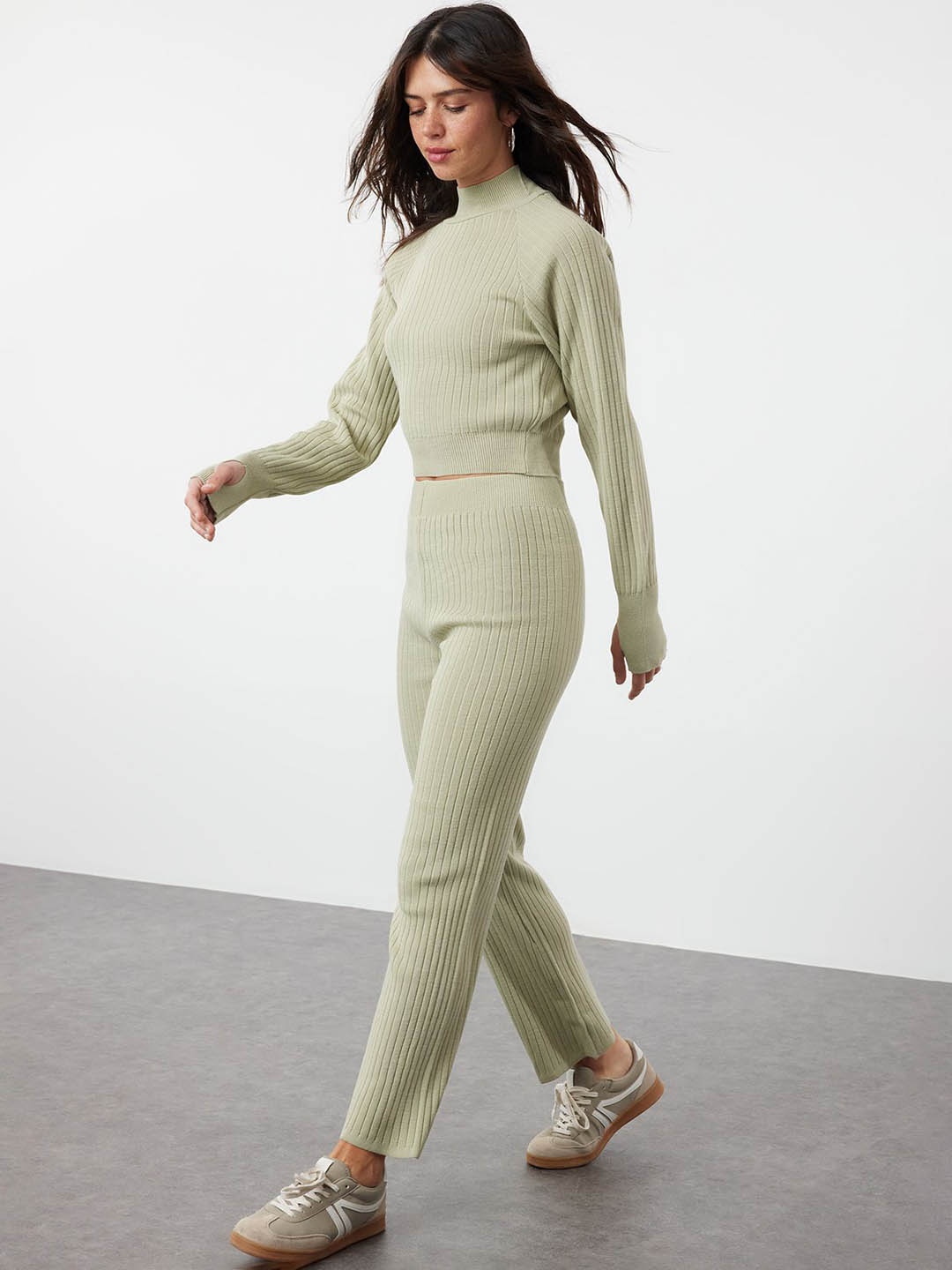 

Trendyol Mock Neck Acrylic Sweater & Trousers, Green