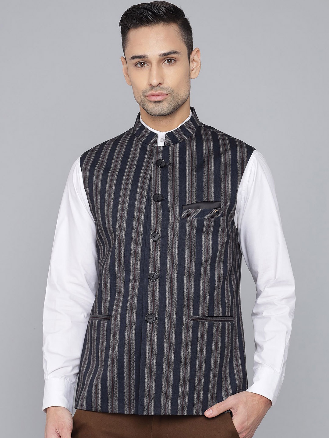 

Regular Fit Wool Nehru Collar Basic Stripe Formal Wear Waistcoat, Blue
