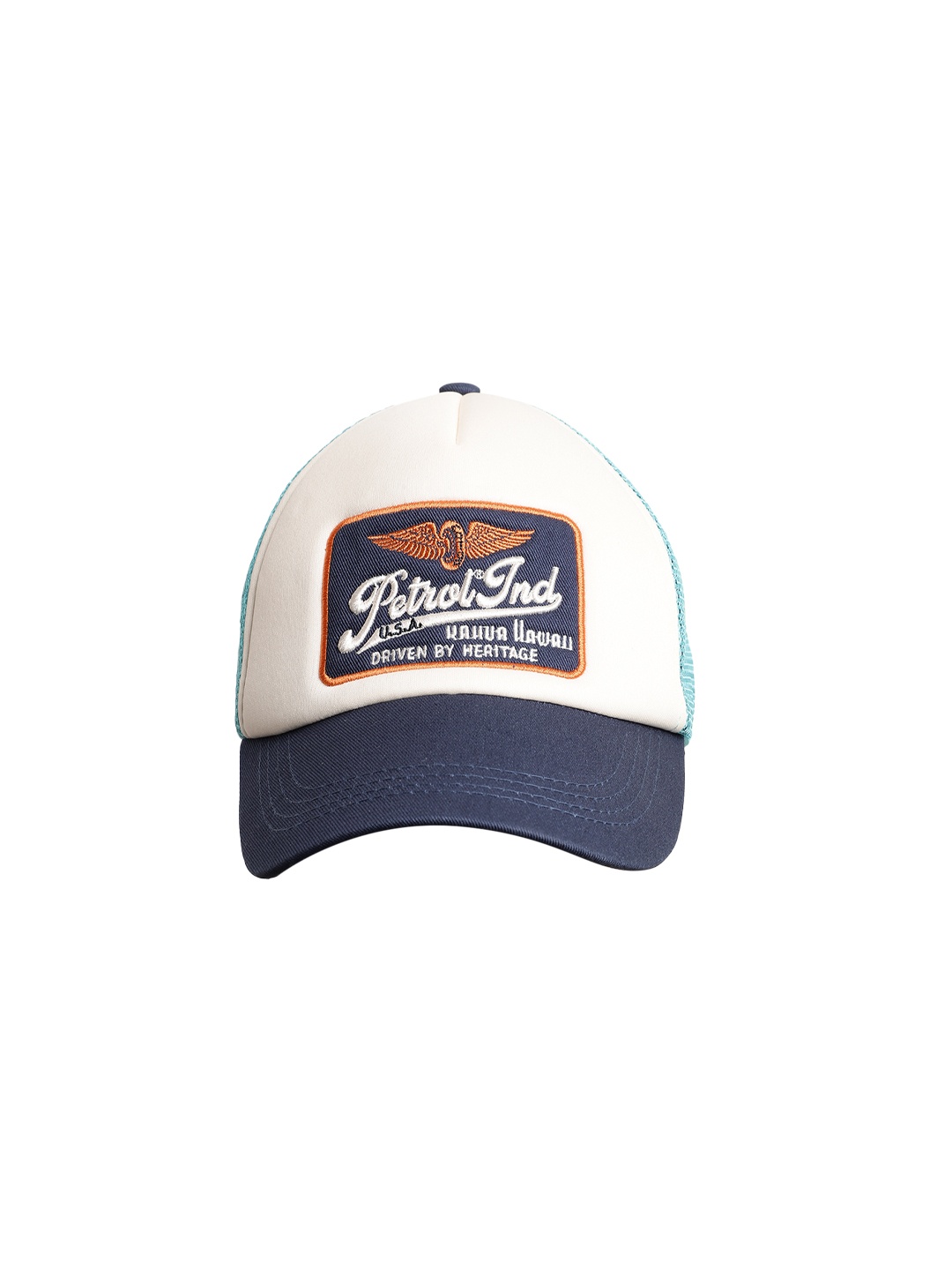 

Petrol Men Colourblocked Snapback Cap With Applique, White