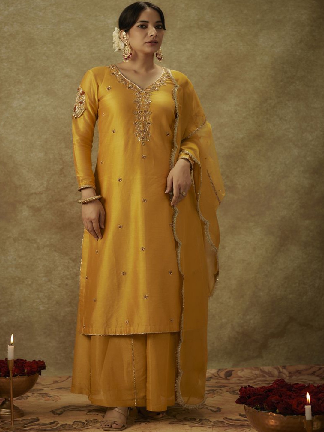 

The Aarya Ethnic Motifs Embroidered Regular Chanderi Silk Kurta With Palazzos & Dupatta, Yellow