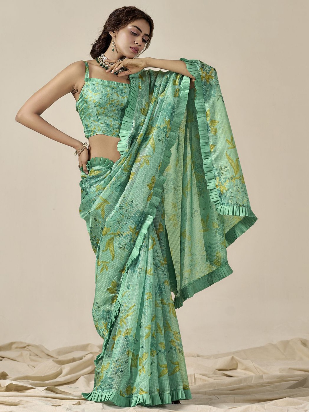 

CHUDIYA Floral Printed Ruffles Saree With Blouse Piece, Sea green