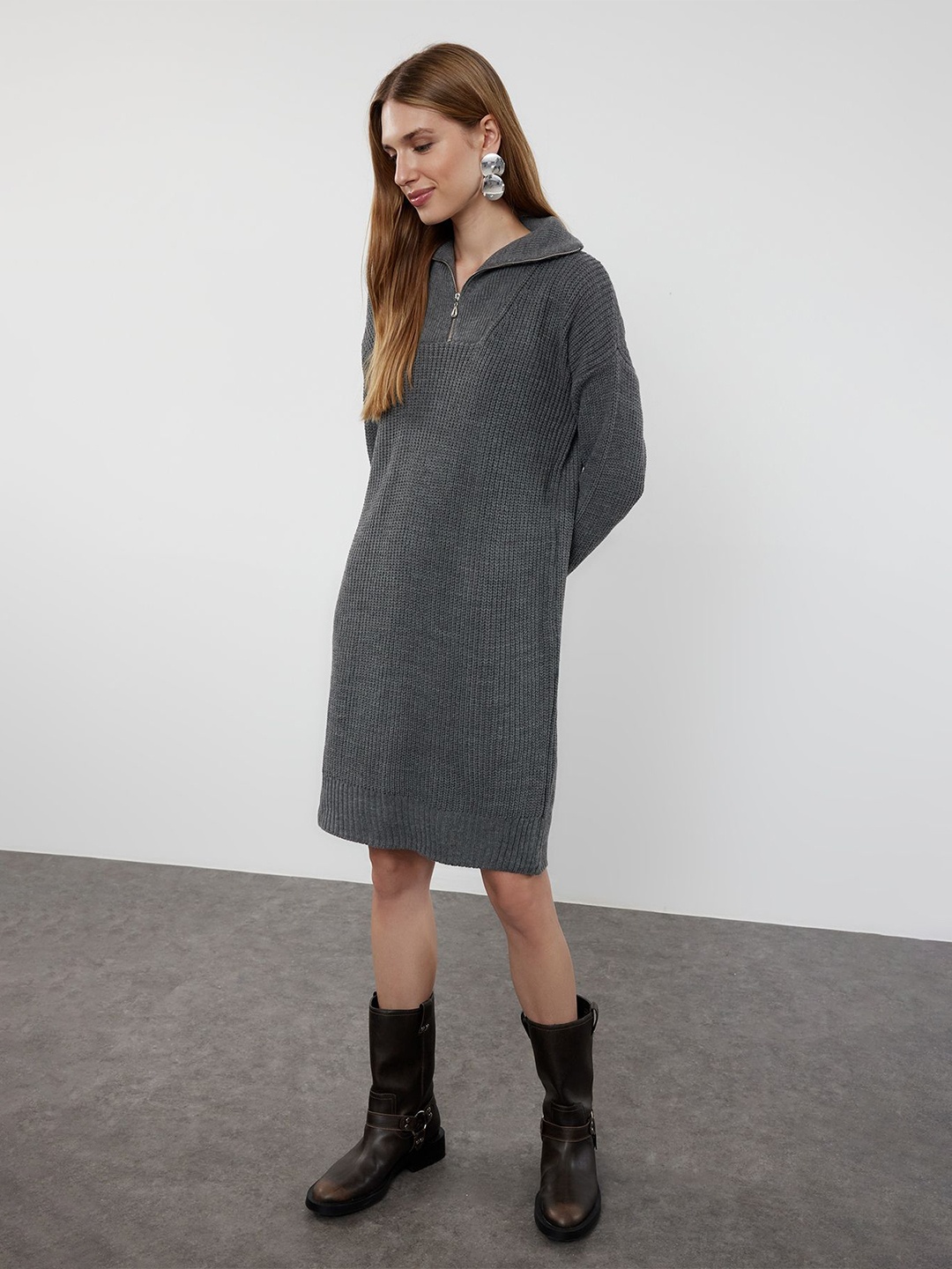 

Trendyol Self Design Shirt Collar A-Line Dress, Na