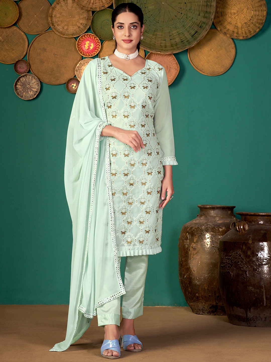 

VARNI FABRICS Ethnic Motifs Embroidered Mirror Work Semi-Stitched Dress Material, Green