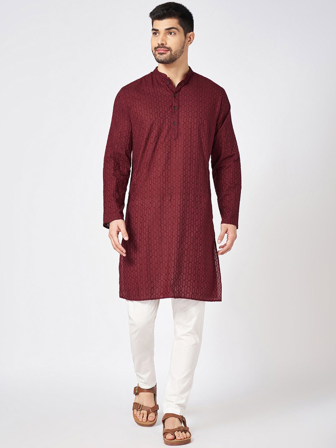 

indus route by Pantaloons Geometric Thread Work Mandarin Collar Straight Kurta, Red