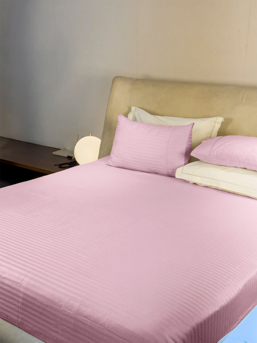 

LABHAM Simple Living Pink Striped 210 TC Satin King Bedsheet With 2 Pillow Covers