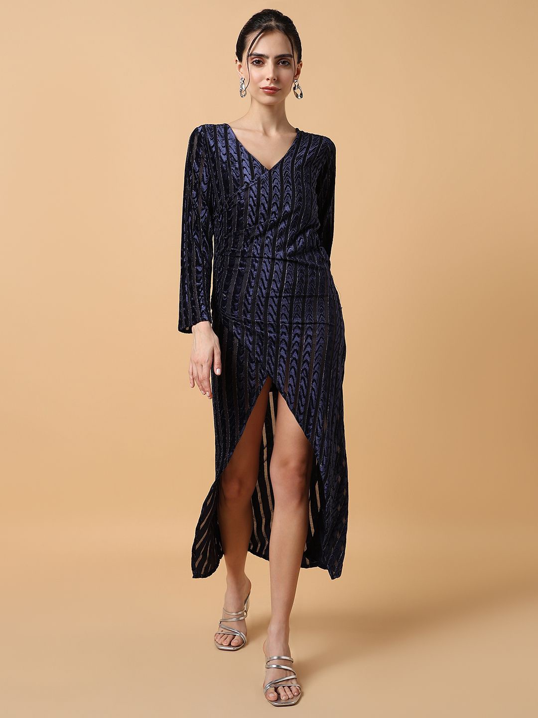 

SHOWOFF Striped Midi Wrap Dress, Navy blue