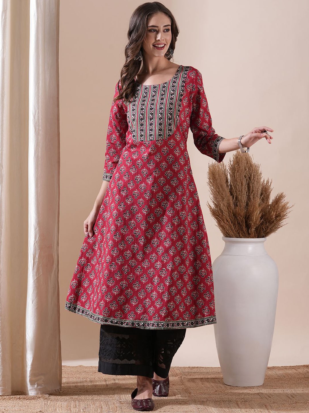 

FASHOR Floral Printed Cotton A-Line Kurta, Red
