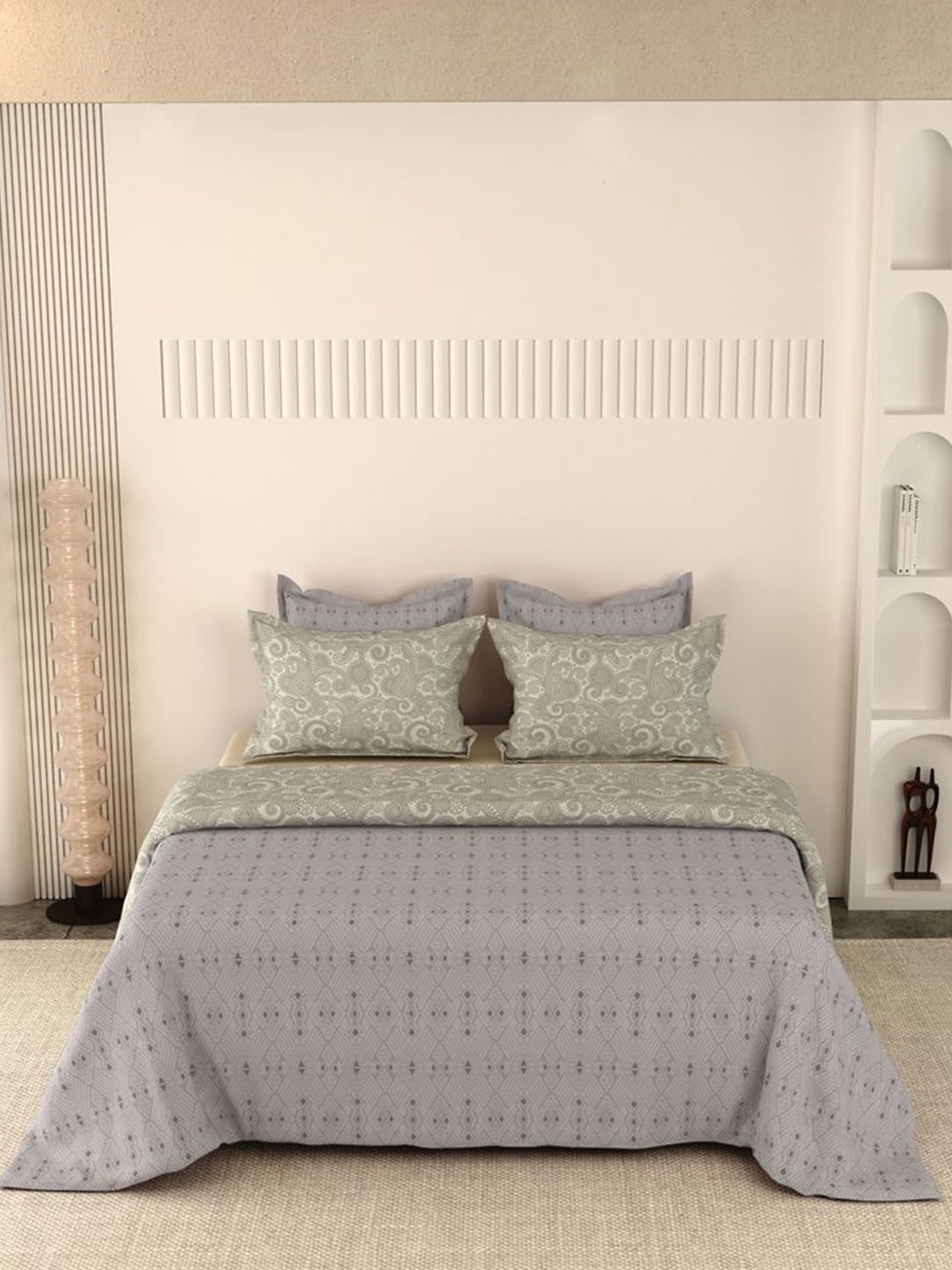 

LABHAM Grey Geometric 210 TC Pure Cotton Reversible King Bedsheet & 2 Pillow Covers