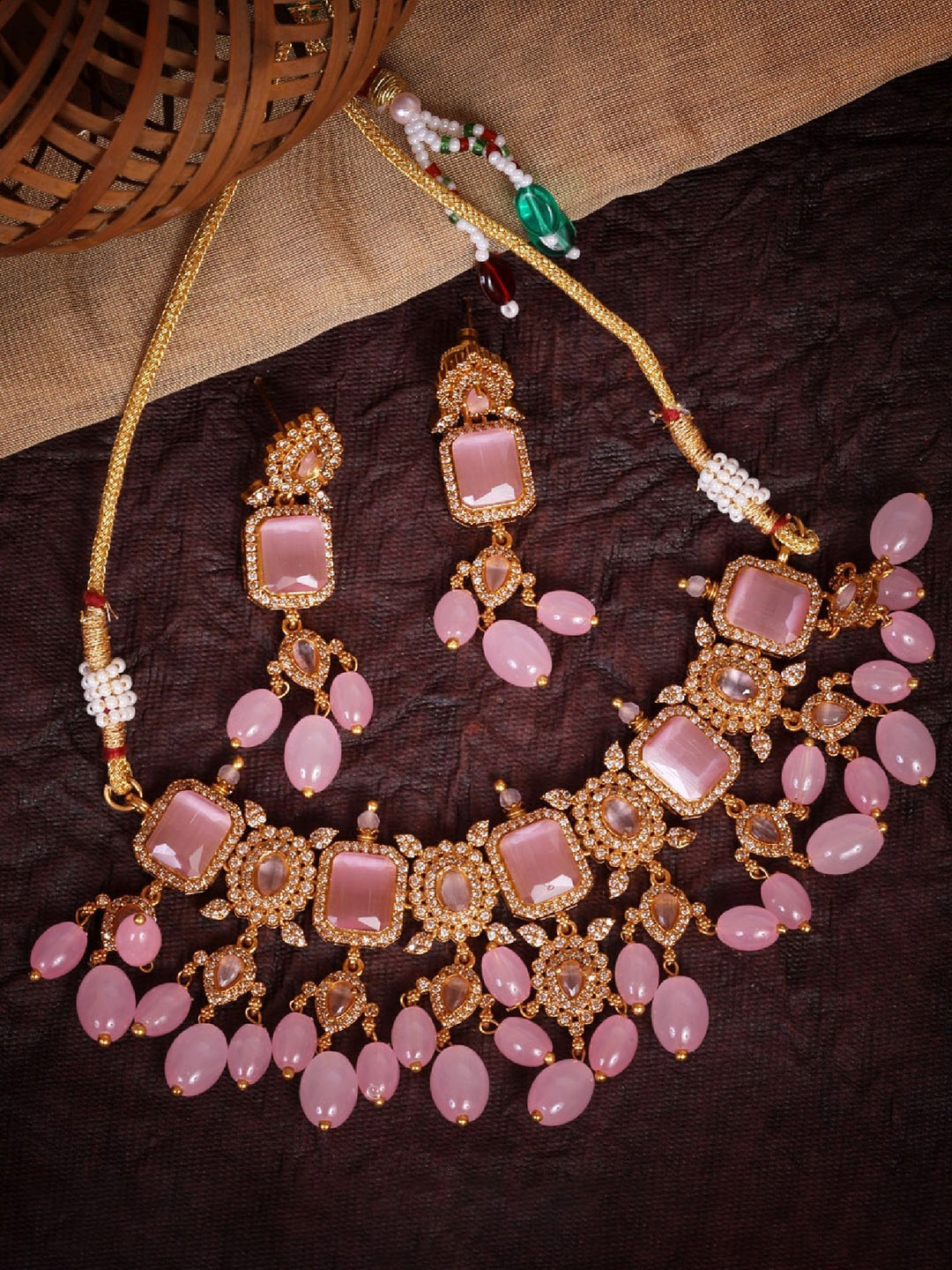 

GRIIHAM Gold-Plated CZ Studded & Beaded Brass Necklace and Earrings